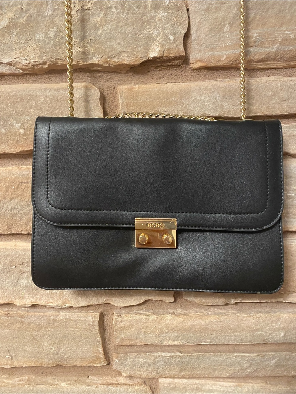 BCBG Black Leather Crossbody with Gold Chain